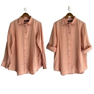 Ralph Lauren Linen Button Up Shirt Women Large Roll Tab Lagenlook Blush Pink